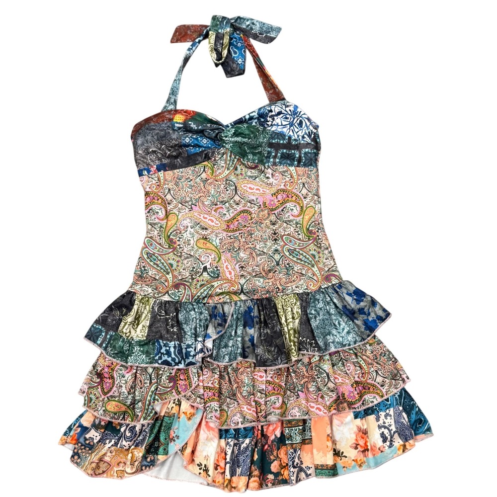 Boho Patchwork Paisley Ruffle Halter Mini Dress Multi Color Tiered Skirt Small‎